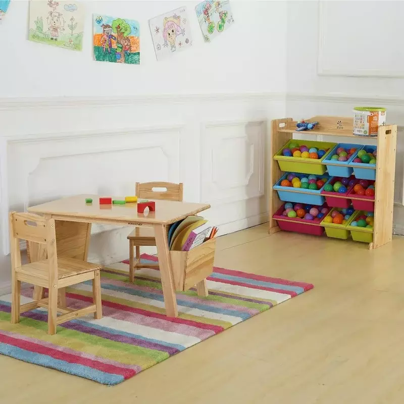 طاولة وكرسي من الخشب الصلب للأطفال مع مكتب تخزين ، طاولة نشاط للأطفال الصغار ، خشب صلب ، طبيعي