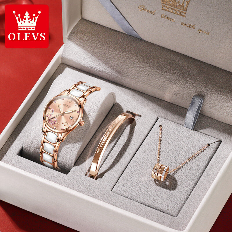 OLEVS-Relógio de aço inoxidável cerâmico feminino, relógios de pulso com pulseira e colar, nota musical de luxo, relógio de quartzo impermeável, conjunto 3 peças