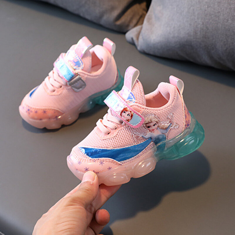 أحذية الفتيات ديزني شبكة تنفس LED ضوء الأطفال الأحذية الرياضية للأطفال لينة وحيد أحذية عادية الوردي الأرجواني حجم 21-30