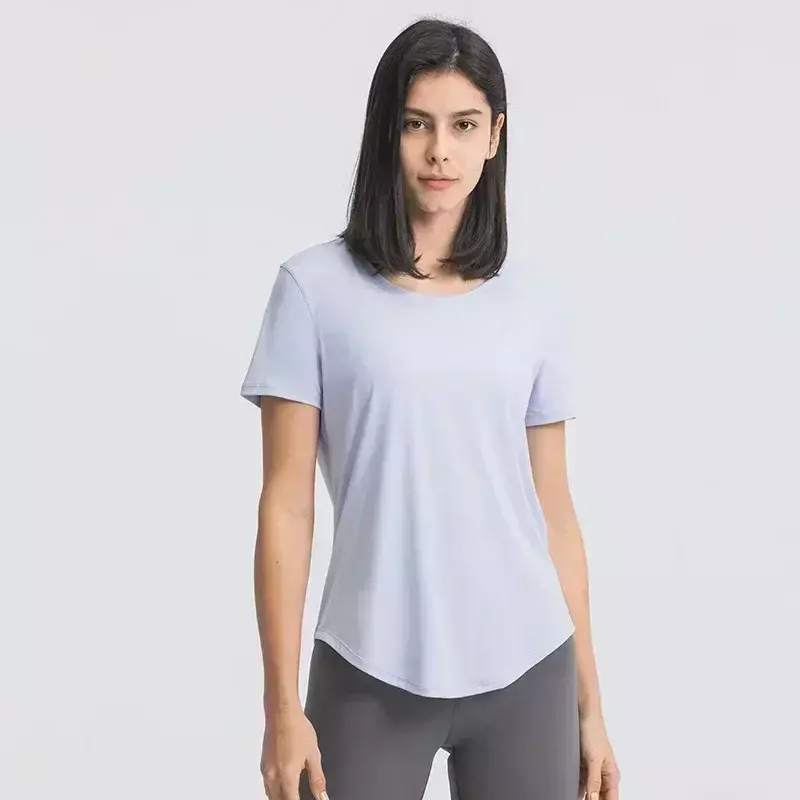 Zitrone Frauen lose Yoga Kurzarmhemd atmungsaktive Laufsport T-Shirt gebogenen Saum lässig elastische Geschwindigkeit trockene Fitness kleidung