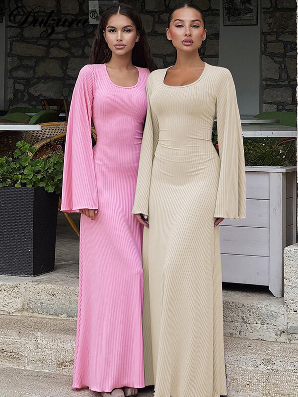 Dulzura solidne prążkowane rękawy trąbkowe Maxi na plecy sukienki sznurowane paski eleganckie casualowe 2023 jesienno-zimowe na urodziny kobiet