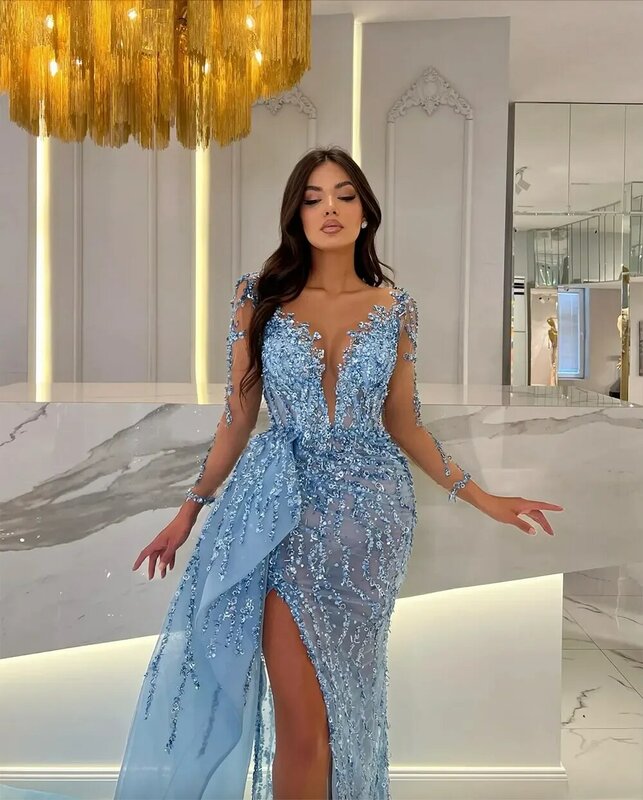 Glitter Lace sequin Mermaid Luxury Ball Gown Sexy wrap hip deep V-neck with side slit Formal occasion beauty party evening dress