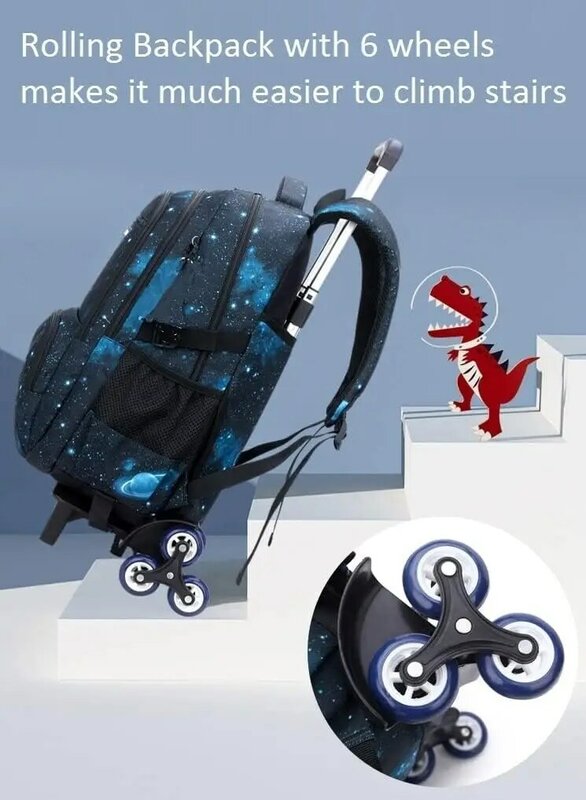 Tas sekolah anak, ransel sekolah dengan roda untuk anak laki-laki, tas sekolah beroda 6 roda, tas buku, koper pembawa dengan tas makan siang