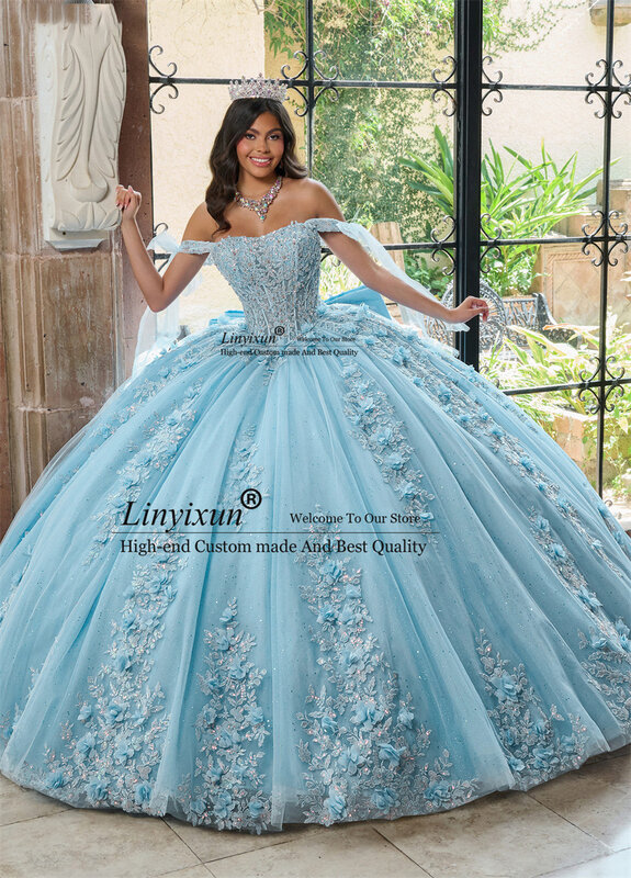 Gaun quineanera bunga biru langit manis dengan gaun pesta Spaghetti jubah gaun ulang tahun renda manis 16 gaun Cinderella Meksiko