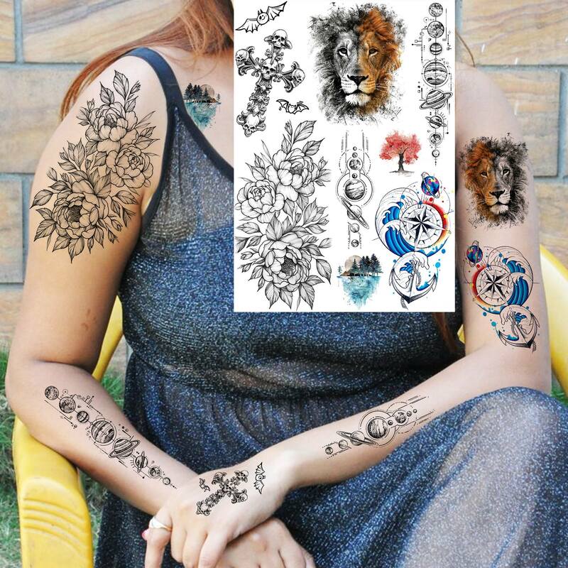 6 fogli animali colorati tatuaggi temporanei per donna uomo adulti adesivi per tatuaggi finti carta per tatuaggi con fiori di leone lupo realistico