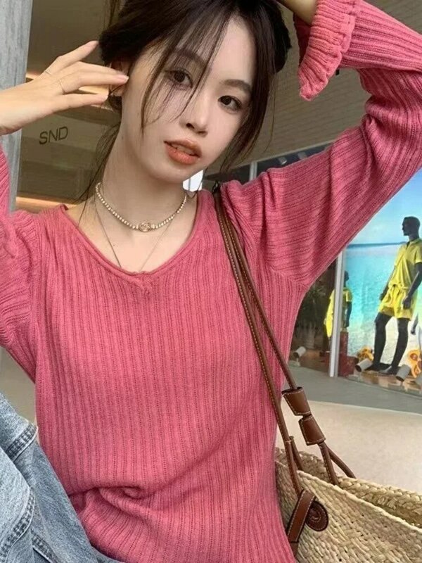 Pullover pakaian jalanan wanita, gaya Korea lipat santai ramping nyaman desain baru sederhana netral