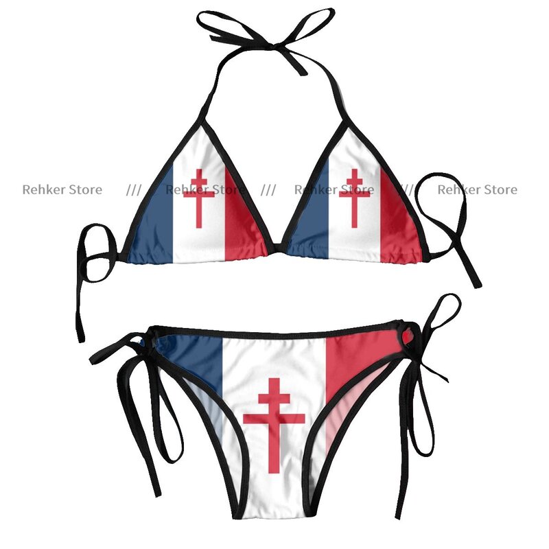 여성용 섹시한 티팬티 비키니 수영복, 무료 프랑스 국기, 여름 비치웨어