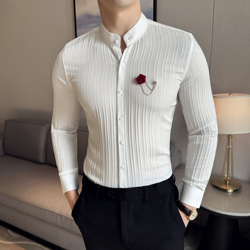 Camisa listrada de cor sólida de manga comprida masculina, camisas formais para casamento, blusa de festa de luxo, 2024