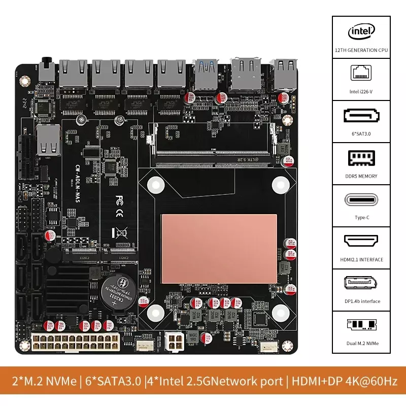لوحة صغيرة ITX مع بسي ، N100 ، بسم ، DDR5 4x ، Intel motherfie ، G ، 2 * M.2 ، NVMe ، 6 * SATA3.0 ، HDMI2.0 DP ، 17X17cm