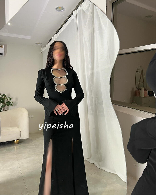   Sexy Casual  Evening Jersey Rhinestone Celebrity A-line O-Neck Bespoke Occasion Gown Midi Dresses