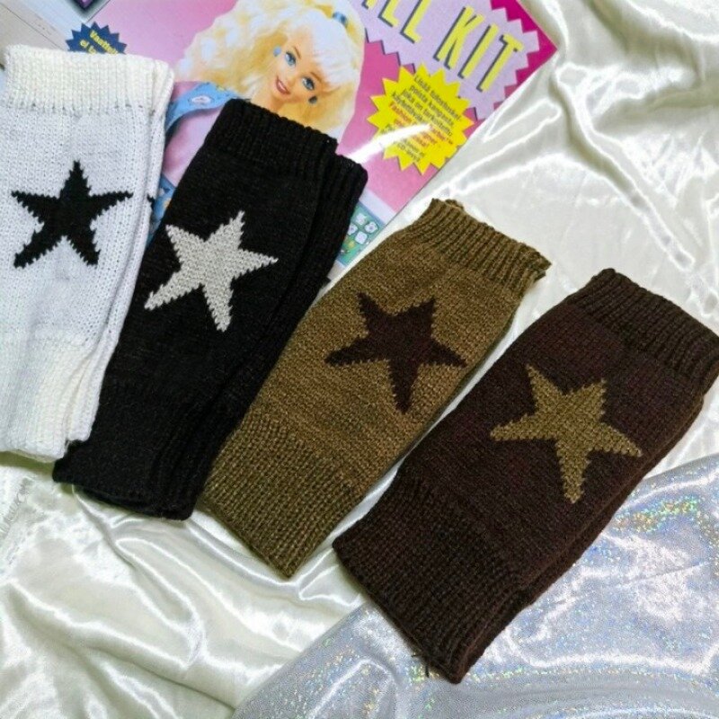 Luvas de estrela de cinco pontas de lã tricotadas para homens e mulheres, luvas sem dedos, pentagrama, meio dedo, quente, macio, punk, Y2K