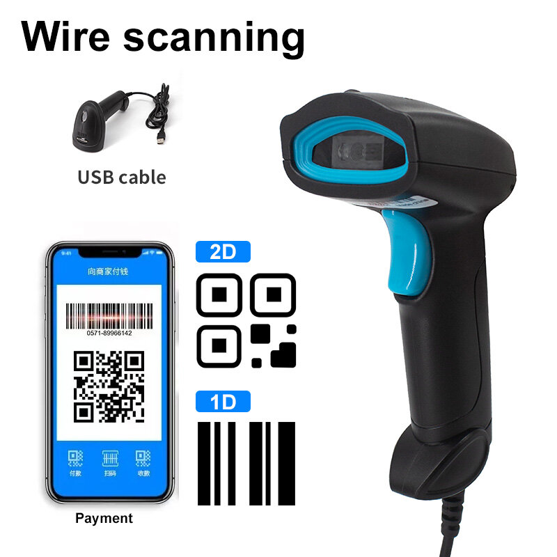 Scanner di codici a barre cablato USB universale 1D/2D lettore di codici QR portatile POS Mobile supporto Plug And Play negozio logistico supermercato