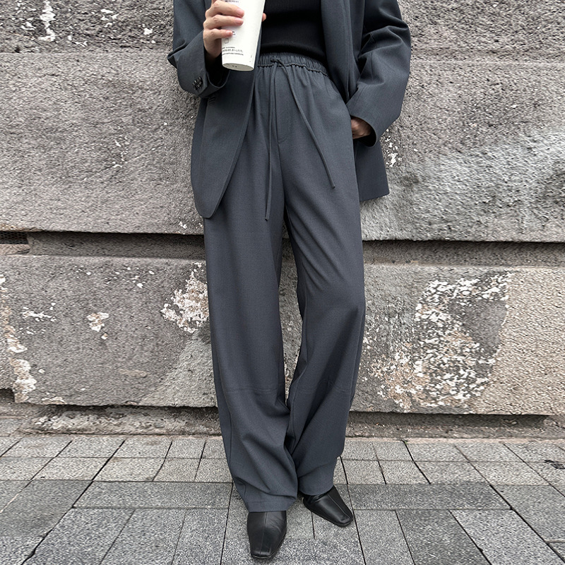 Calças femininas sob medida, calças de terno simples high-end, com cordão casual fino, cintura elástica, roupa reta com renda, outono