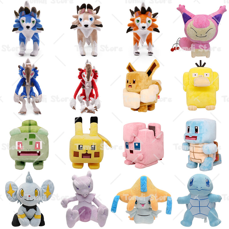 Peluche de Pokémon Lycanroc, Shinx, Jirachi, Skitty, Raichu, Mewtwo, Pikachu, Bulbasaur, Squirtle, Eevee, Jigglypuff, Psyduck
