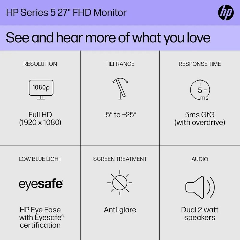 Монитор серии 5 27 дюймов FHD, дисплей Full HD (1920x1080), IPS-панель, 99% sRGB, коэффициент контрастности 1500:1, 300 нит, легкость глаз
