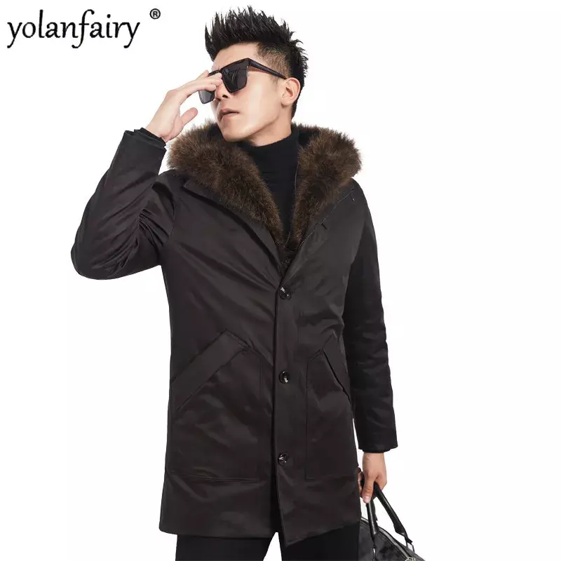 Новинка Зима 2023, мужская куртка Паркер из натурального меха, Мужское пальто средней длины с капюшоном и воротником из меха енота FCY4935
