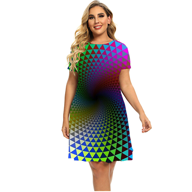우아한 레인보우 그라데이션 3D 프린트 드레스, 새로운 여성 2023 패션 기하학 그래프 반팔 드레스 여름 플러스 사이즈 의류 6XL