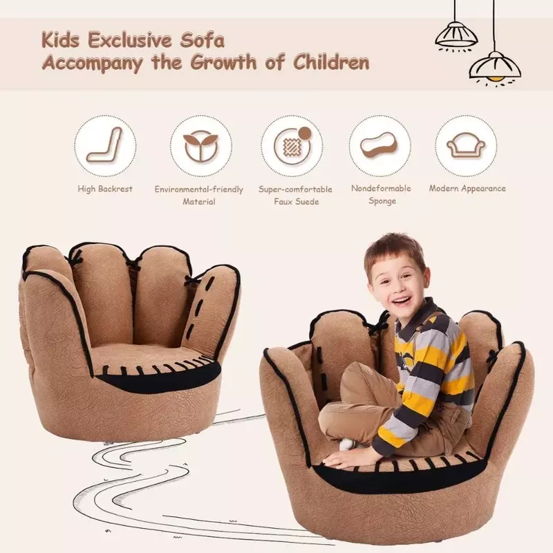 Kursi berlengan balita berlapis kain kayu sofa anak-anak, kursi berlengan anak laki-laki dan perempuan dalam bentuk sarung tangan bisbol, cokelat