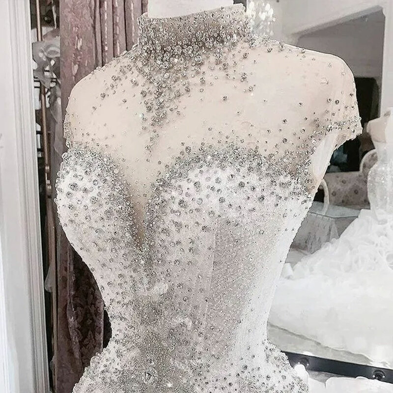 Gaun pernikahan kristal manik-manik mewah gaun pengantin putri duyung leher tinggi gaun pengantin ukuran besar Arab Aso Ebi tipis leher pengantin Maxi Formal