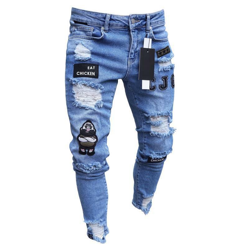 Jeans strappati da uomo europei e americani Y2K personalità Trend Slim ginocchio strappato arachidi cerniera distintivo pantaloni in Denim Patchwork