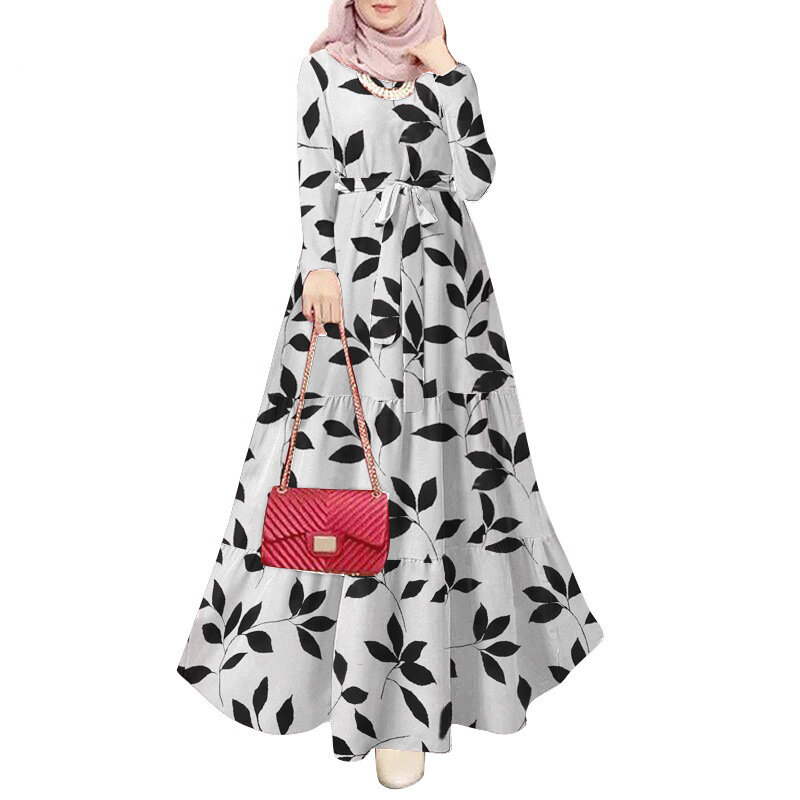 Y2K INS gaun Maxi kasual Retro motif bunga lengan panjang gaun panjang Kaftan Abaya Muslim wanita