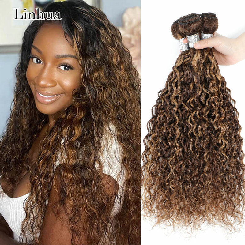 Linhua Water Wave Bundles With Closure P4/27 Highlight Ombre Honey Blonde 3 / 4 Human Hair Bundles With Transparent Closure