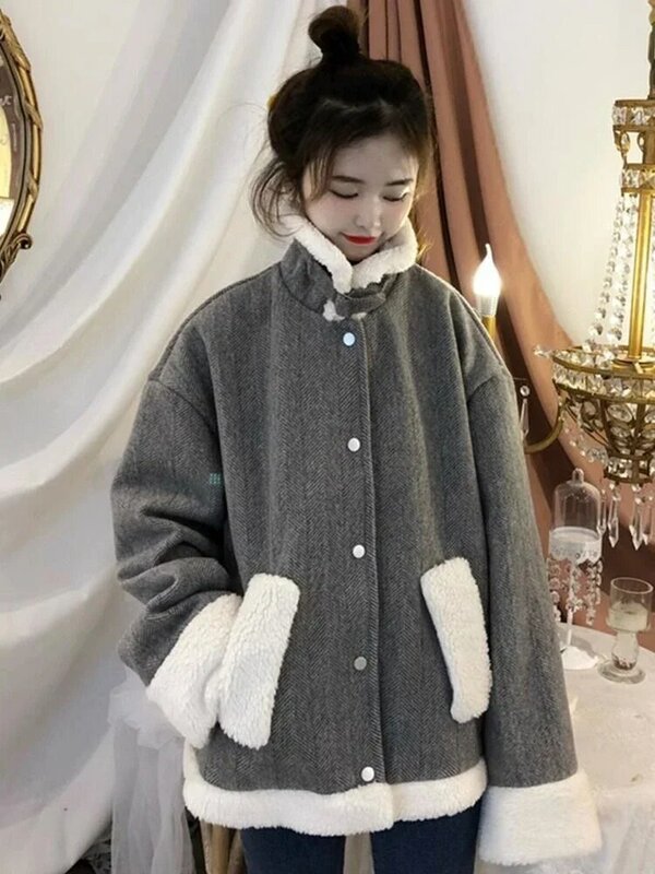 Streetwear Retro Faux jagnięce płaszcze Harajuku luźne damskie patchworkowe kurtka koreańska prosty długi rękaw wysokiej jakości odzież wierzchnia
