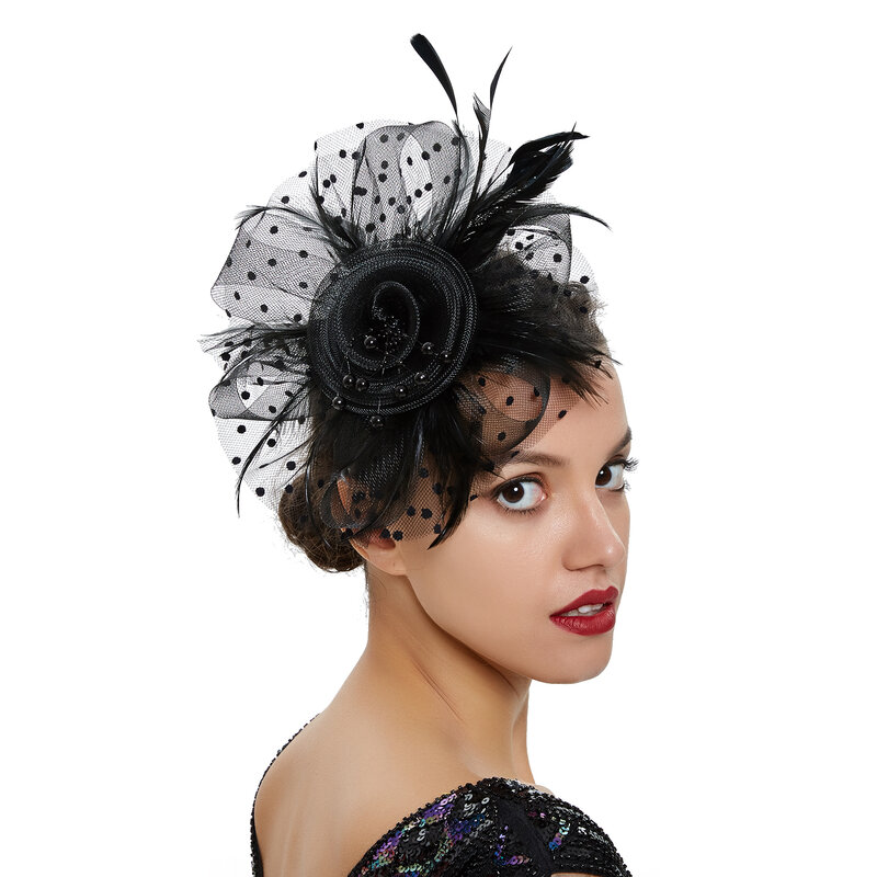 Vintage Women Feather Flower Fascinator Hat Ladies Hair Accessories Wedding Party Floral Mesh Veil Headband Hairpin