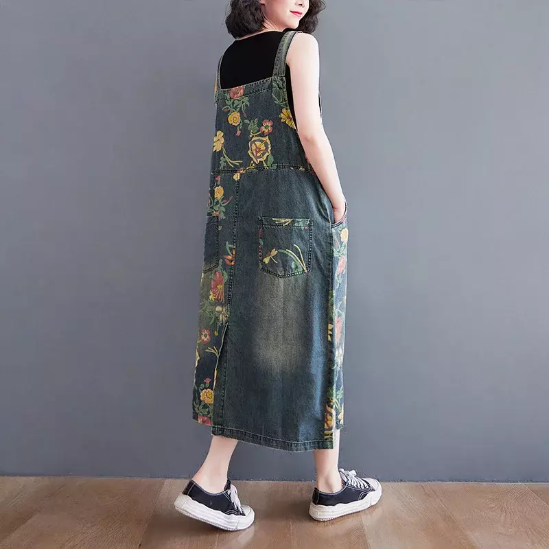 Floral Printed Denim Dress Women Vintage Overalls Dress Female Loose Sleeveless Spaghetti Straps Denim Dress Midi Summer