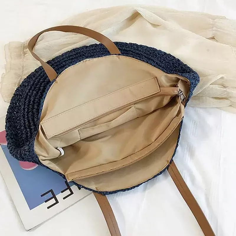 กระเป๋าฟางทรงกลมสำหรับผู้หญิงกระเป๋าโท้ทสะพายไหล่หวายสานแฮนด์เมดสำหรับชายหาดผู้หญิงสำหรับฤดูร้อน ADX10