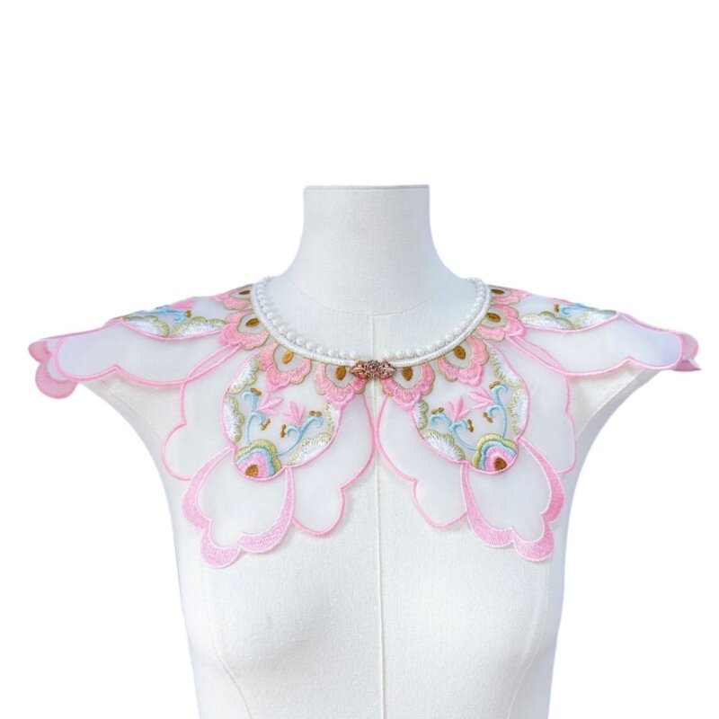 Chiński styl perłowy zroszony sztuczny kołnierzyk Vintage haftowany różowy kwiat mały szal sukienka kopertowa Capelet dla kobiet