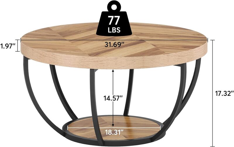 Tribesigns 31.7" Round Coffee Table, Industrial 2-Tier Circle Coffee Table with Storage Shelves, Modern Wooden Accent Center Tab