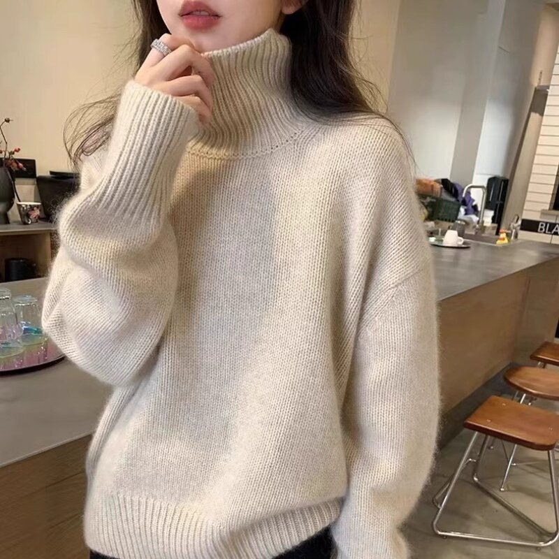 Women's Autumn Winter Long Sleeved Solid Color Thickened High Neck Pullover Knitted Jumper Top cashmere Jumper