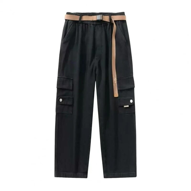 Sweatpants celana kargo pria, celana kargo Vintage longgar dengan pinggang elastis dekorasi tali banyak saku untuk sehari-hari
