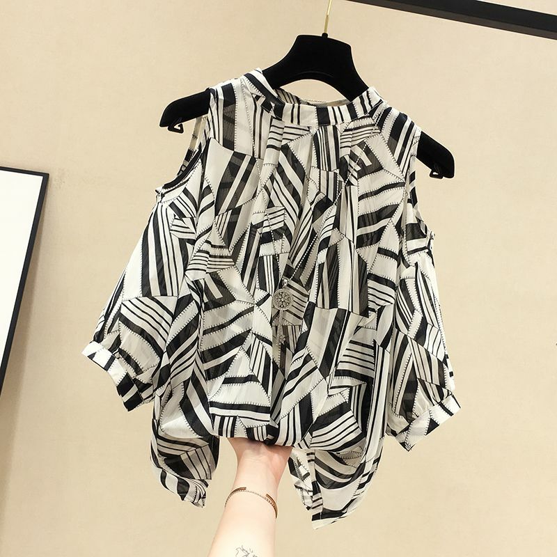 Korean Loose Printing Fashion Off Shoulder Women Blouse Casual All-match Short Sleeve Round Neck Shirt Summer Female Clothing