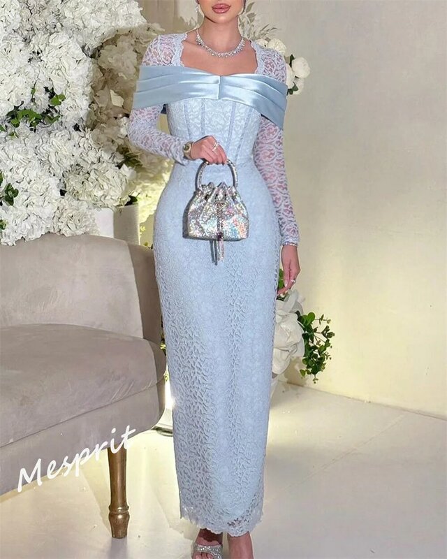 فستان سهرة كروي مكشكش ، طية ملفوفة ، على شكل حرف A ، ياقة مربعة ، فساتين متوسطة الطول ، ثوب سعودي ، مناسبة مخصصة