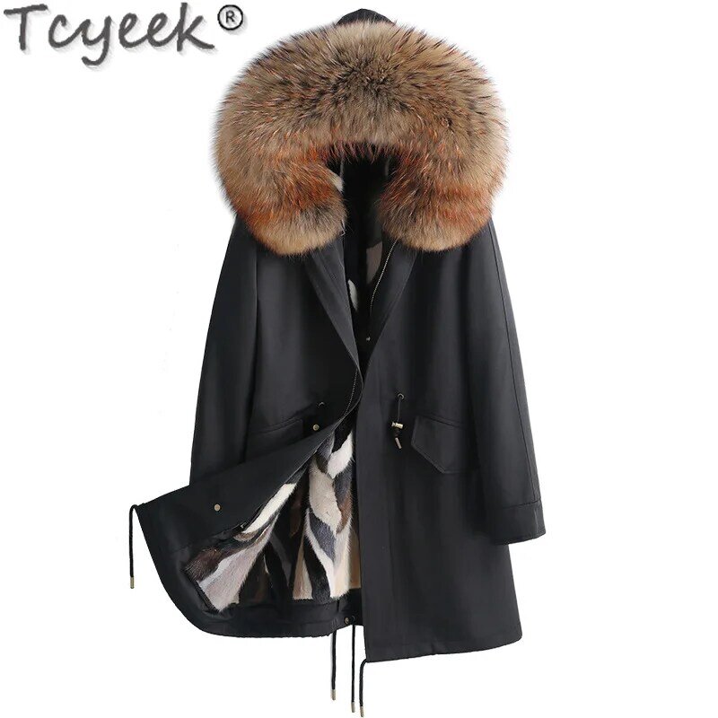 Парка Tcyeek из натурального меха норки, зимние куртки для мужчин, модная мужская меховая куртка с капюшоном, пальто, теплое меховое пальто с воротником из лисьего меха, Casaco Masculino