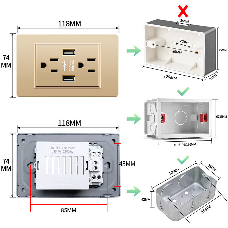 US Thailand Universal A18 Wall Socket 5V 2.1A USB Type-c charger Power socket PC Panel Light Switch TV TEL Computer socket