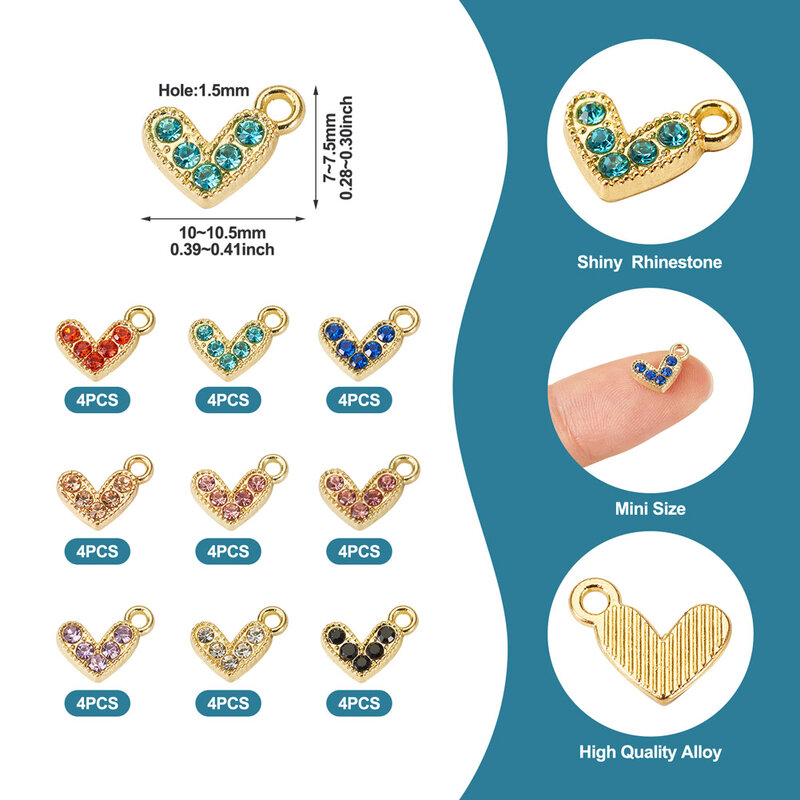 36pcs Mini Heart Charms Metal Alloy Pendants with Crystal Rhinestone Golden Color for Jewelry Making DIY Bracelet Necklace