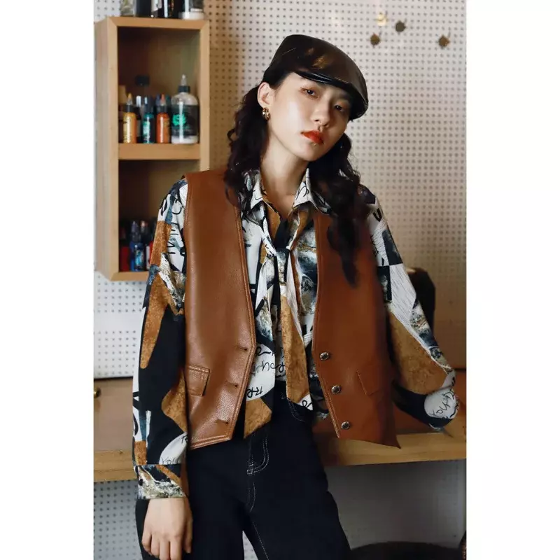 Vintage PU Leather Vest Waistcoat Solid Women Motorcycle Vest 2024 Spring Autumn New High Quality Sleeveless Vests Tops Q313