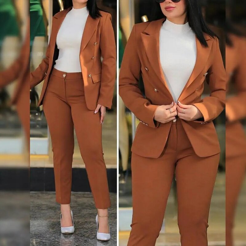 Commuting Style Pant Suit Double-breasted Women's Coat Pants Suit with Slim Fit Pants High Waist Button Closure Formal for Lady