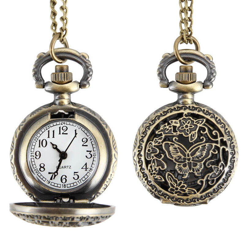 Vintage Pocket Small Watch Steampunk Quartz Watch With Chain Hollow Heart Cover Necklace Bronze Color Alloy Fob Clock Men Gift