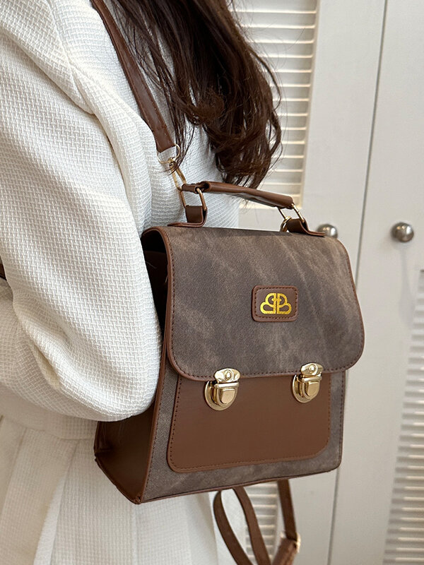Fashion Woman Backpack Retro Tmitation Denim Pattern PU Leather Soft Handle Solid Multi-pocket Travel School Bags Shoulder Bag