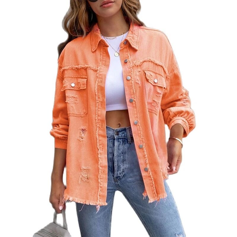 Женская джинсовая куртка с необработанными краями, демисезонная стильная рубашка с отверстиями, Повседневная Верхняя одежда розового, красного, оранжевого, фиолетового цветов, Женское пальто, 2023
