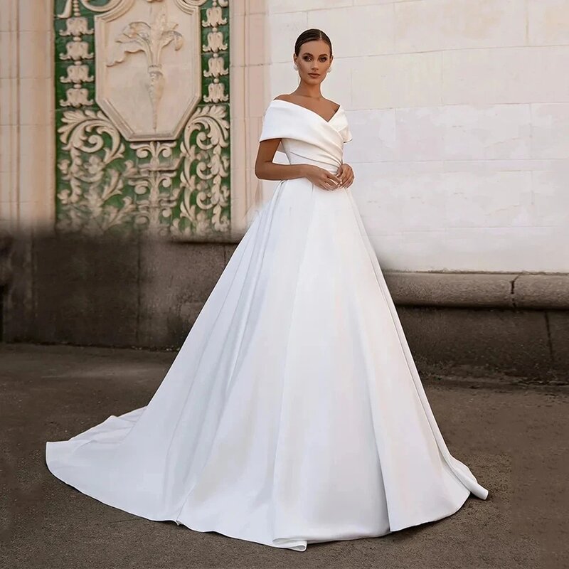 Off The Shoulder Satin A-Line Bridal Gowns For Formal Party V-Neck Floor Length Vestidos De Novia  Vestidos De Novia Custom Made