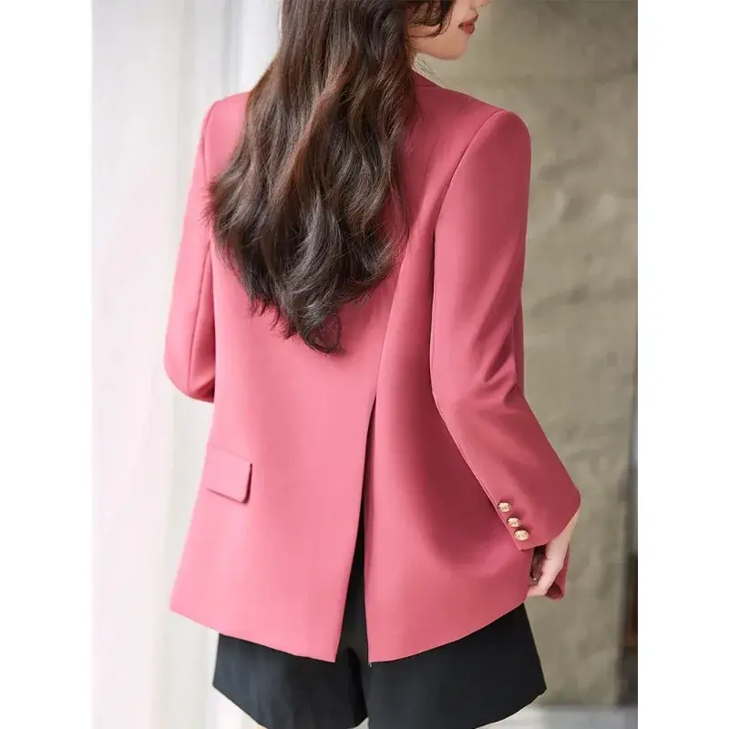 Jaket wanita kasual lengan panjang, mantel kasual wanita longgar warna HITAM Pink kancing sebaris musim gugur untuk musim dingin