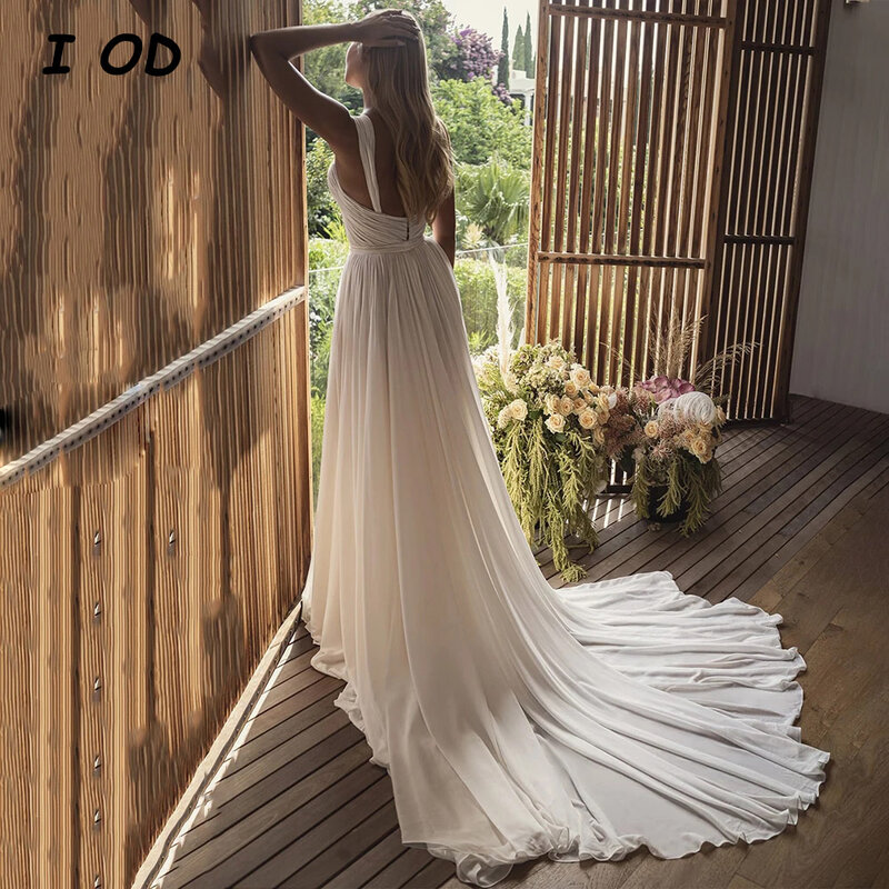 Simples vestido de casamento plissado, sem mangas, Backless, vestido de noiva Chiffon, até o chão, querida, Custom Made, I OD