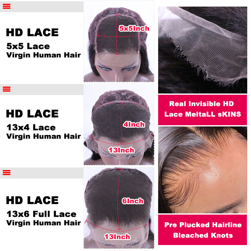 Real Invisible HD Lace Front Wig Unprocessed Virgin hair Lace Frontal Wigs 100% Human Hair Body Wave Pre Plucked Hairline
