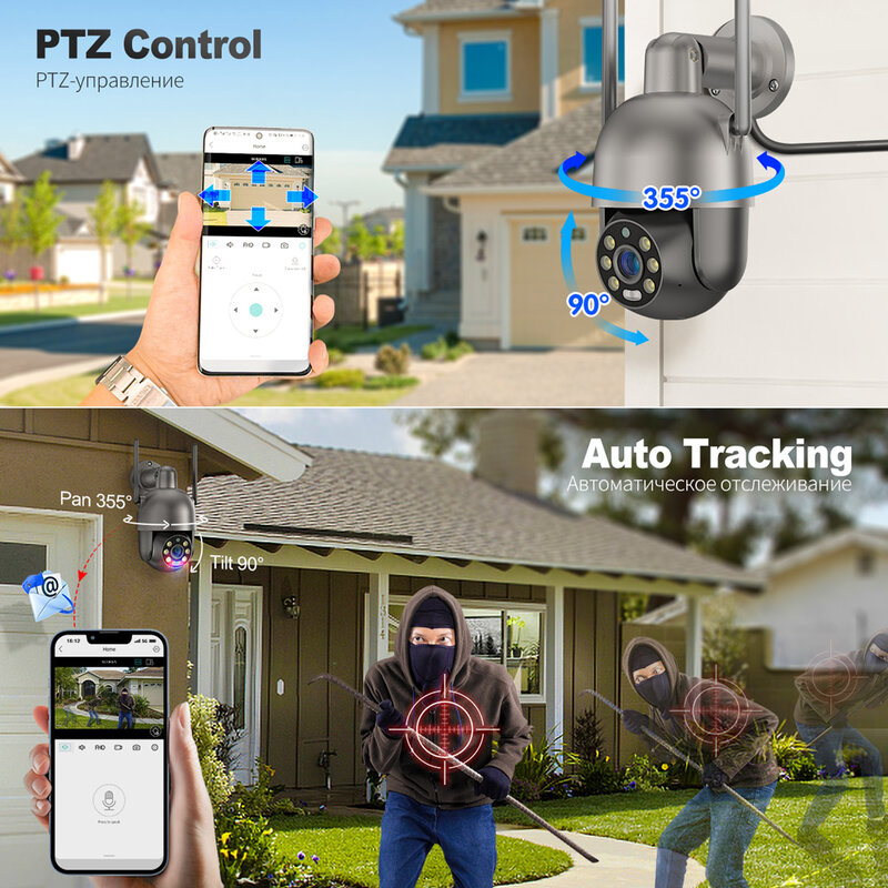 PTZ Wireless IP Video Security Surveillance Camera, AI Red-Blue Light Alarme, Detecção Humana, Ao ar livre, 8MP, 4K, 2K