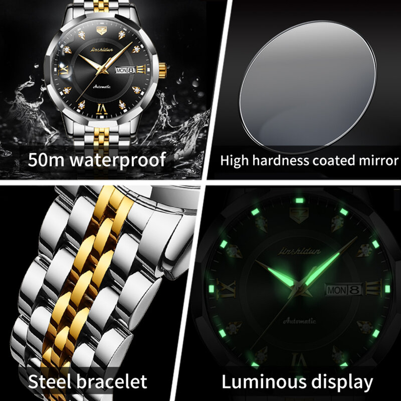 JSDUN-reloj mecánico de moda, pulsera de acero inoxidable, esfera redonda, calendario luminoso, 8948